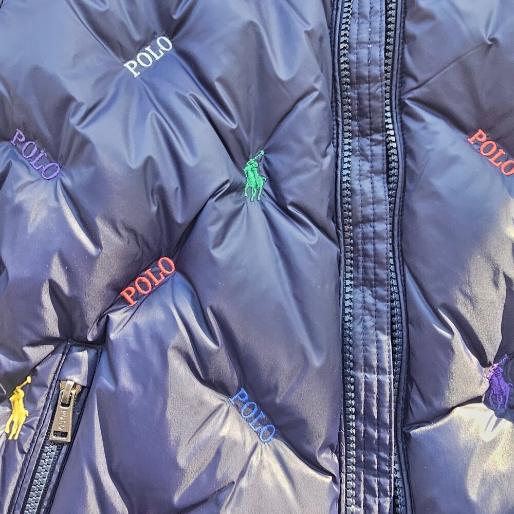 Polo by Ralph Lauren Navy Puffer Jacket with Multicolor Polo Logos - Picture 13 of 14